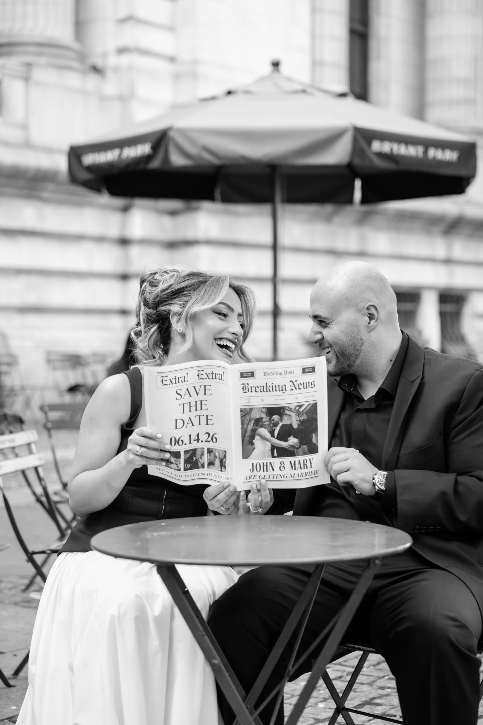 Black and white photograph of the couple with their wedding announcement