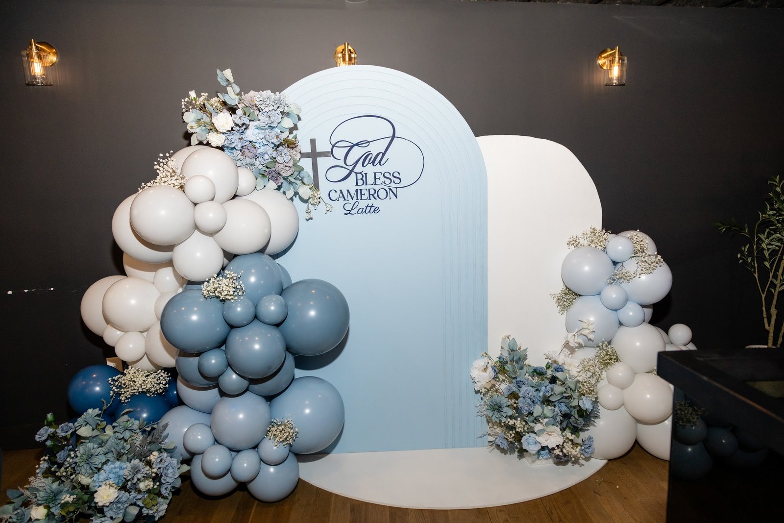 Balloon arch and christening decorations