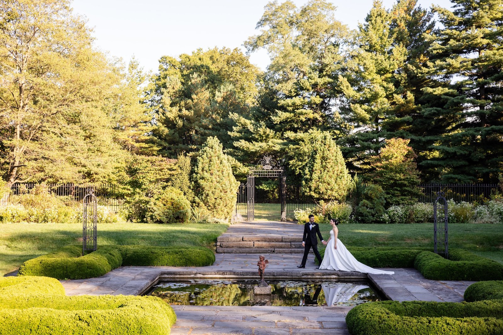 Bride and groom on the garden terrace